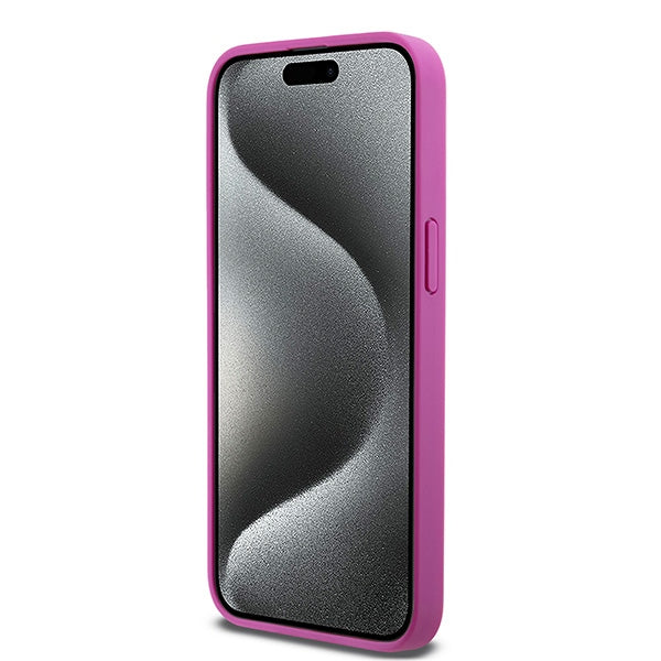 DKNY Leather Monogram Pattern Metal Logo MagSafe Case for iPhone 15 Pro Max - Pink