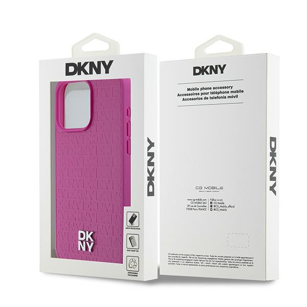 DKNY Leather Monogram Pattern Metal Logo MagSafe Case for iPhone 15 Pro Max - Pink