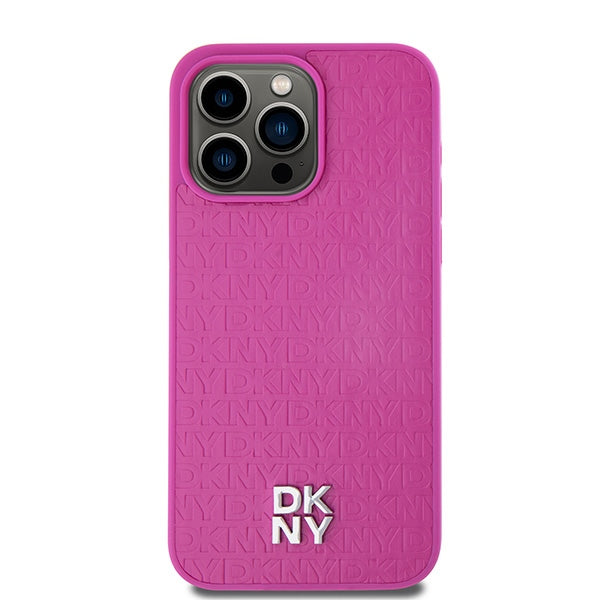 DKNY Leather Monogram Pattern Metal Logo MagSafe Case for iPhone 15 Pro Max - Pink