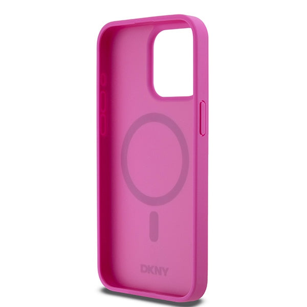 DKNY Leather Monogram Pattern Metal Logo MagSafe Case for iPhone 15 Pro Max - Pink