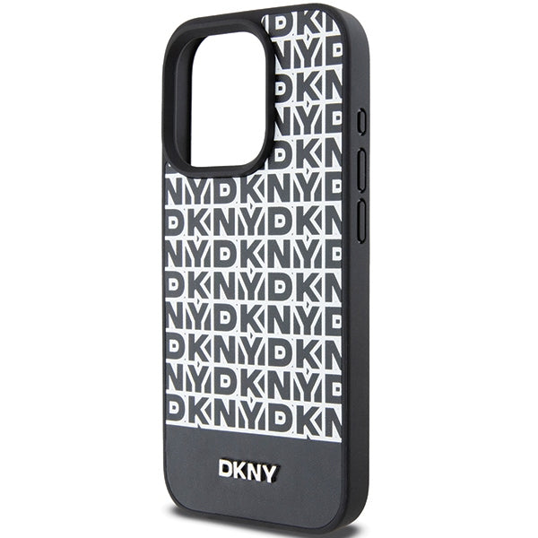 DKNY Leather Printed Pattern Metal Logo MagSafe Case for iPhone 15 Pro Max - Black