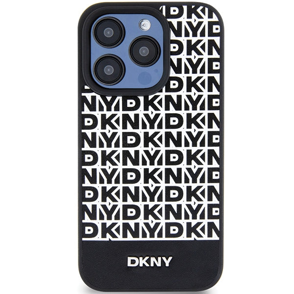 DKNY Leather Printed Pattern Metal Logo MagSafe Case for iPhone 15 Pro Max - Black