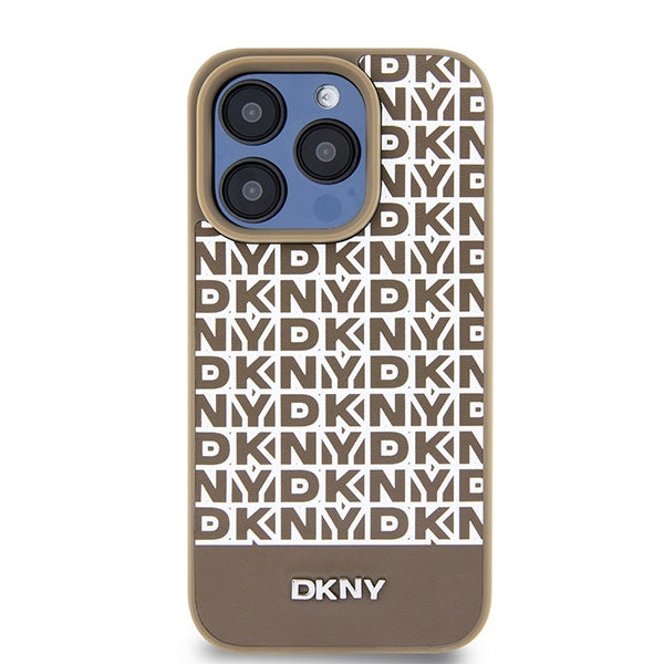 DKNY Leather Printed Pattern Metal Logo MagSafe Case for iPhone 15 Pro Max - Brown