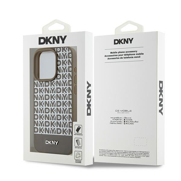 DKNY Leather Printed Pattern Metal Logo MagSafe Case for iPhone 15 Pro Max - Brown