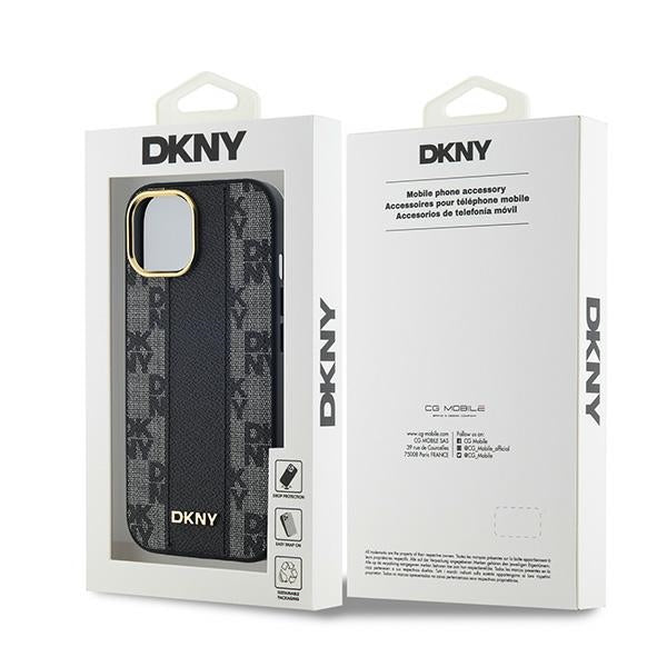 DKNY Leather Checkered Mono Pattern MagSafe Case for iPhone 15/14/13 - Black