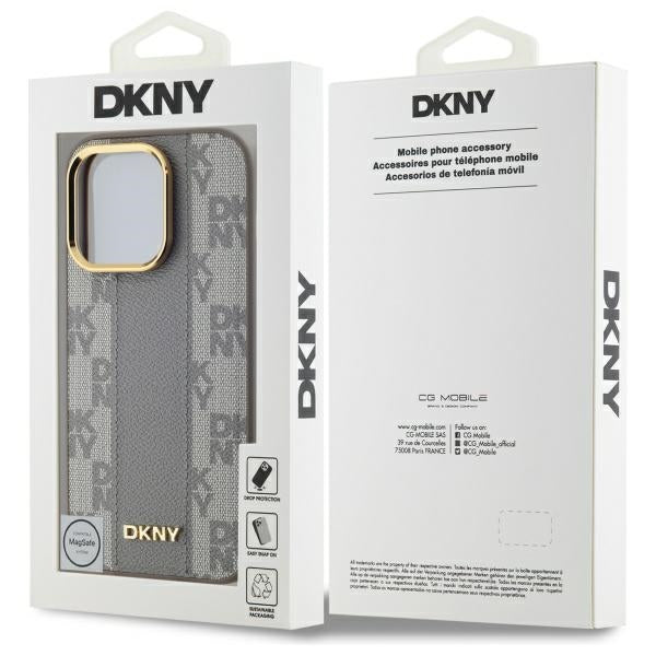 DKNY Leather Checkered Mono Pattern MagSafe iPhone 14 Pro Case - Beige