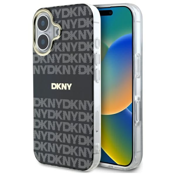 DKNY Repeat Texture Pattern With Stripe iPhone 16 Case - Black