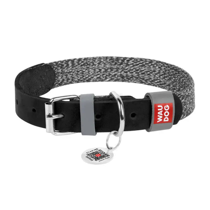 Dog collar made of natural leather and recycled material with QR code Waudog size L width 25 mm black - Walking