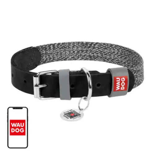 Dog collar made of natural leather and recycled material with QR code Waudog size L width 25 mm black - Walking