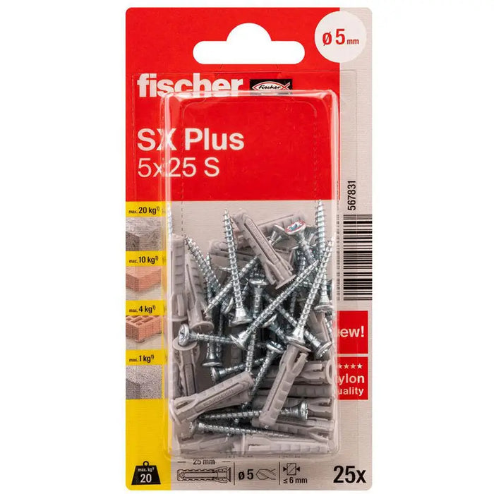 DOWEL WITH SCREW 5X25 25 PCS FISCHER SX PLUS - Комплекти дюбели и винтове<<<Дюбели<<<Инструменти и железария<<<Praktiker