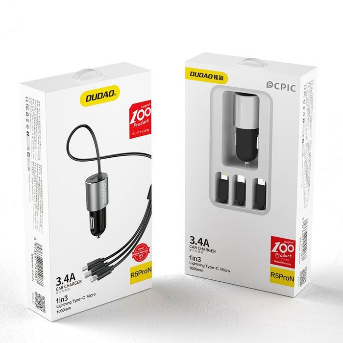 Dudao 3in1 USB car charger 3,4 A built-in cable Lightning / USB Type C / micro USB black (R5ProN black) - Cell phone