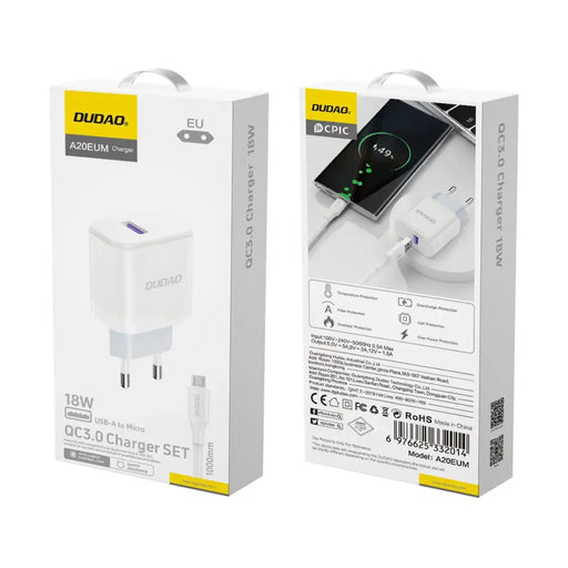 Dudao A20EU USB-A 18W network charger - white + USB-A - micro USB cable - Cell phone USB charger<<<HurtelXML
