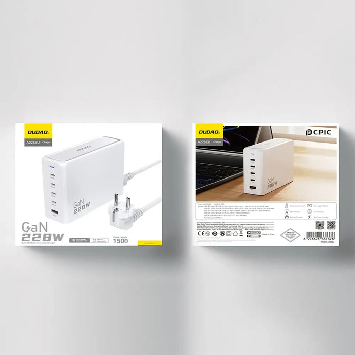 Dudao A228EU GaN charger 1x USB-A 4x USB-C PD 228W - white - Cell phone USB charger<<<HurtelXML