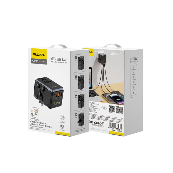 Dudao A65Pro 65W EU / US / JP / AUS / UK travel adapter 2x USB-C 2x USB-A - black - Cell phone USB charger<<<HurtelXML