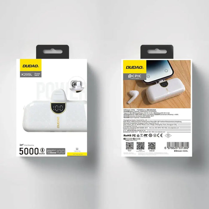 Dudao K20SL 5000mAh mini power bank with Lightning / USB-C connectors - white - Powerbanks<<<HurtelXML