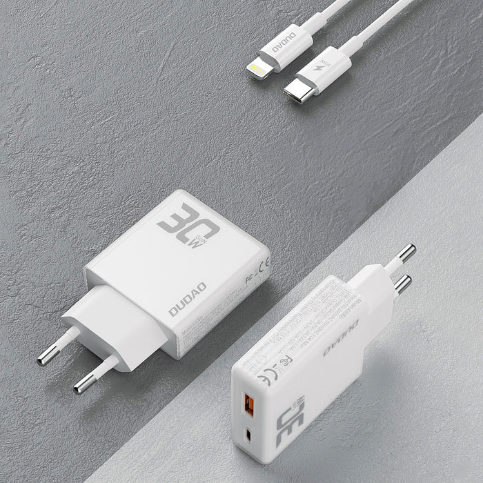 GaN Dudao A30EUL 30W USB-A / USB-C Wall Charger + USB-C - Lightning Cable - White