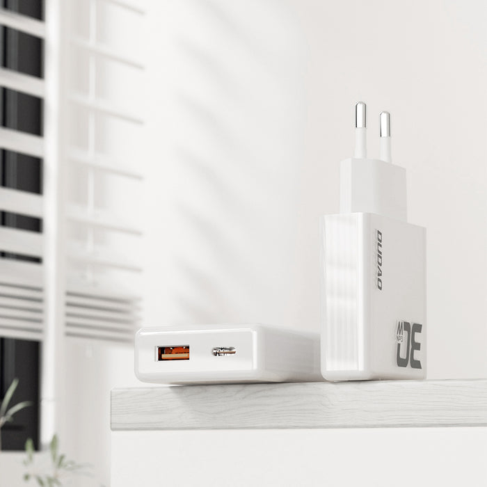 GaN Dudao A30EUL 30W USB-A / USB-C Wall Charger + USB-C - Lightning Cable - White