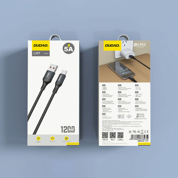 Dudao L3ST USB-A - USB-C 5A Cable 1.2m Braided - Black