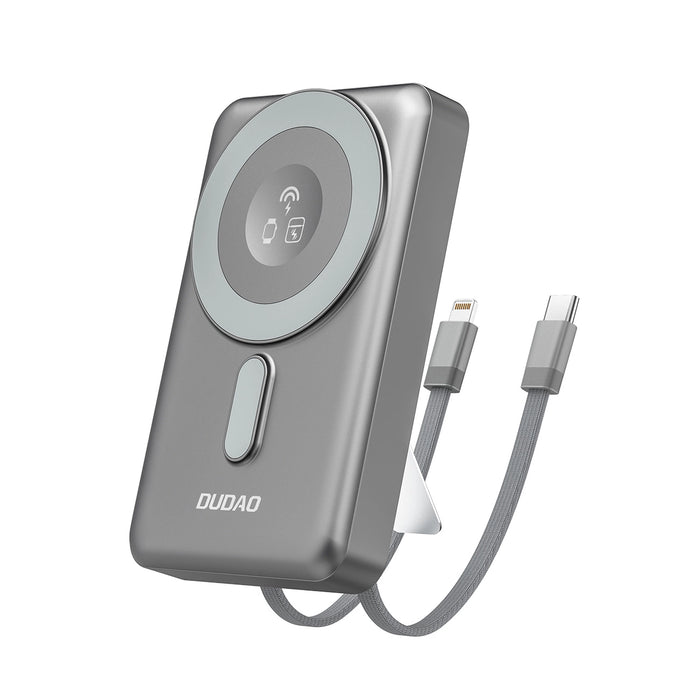 Dudao K29 10000mAh PD 20W MagSafe Power Bank with Metal Case, Stand and Built-in USB-C/ Lightning Cables - Gray