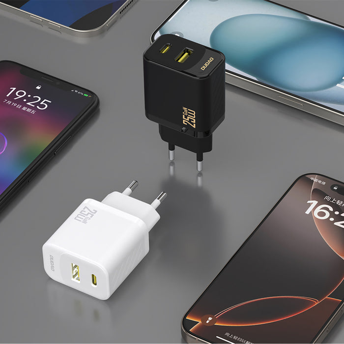 Dudao A26TCEU PD QC 25W GaN USB-A USB-C Wall Charger with USB-C Cable - White