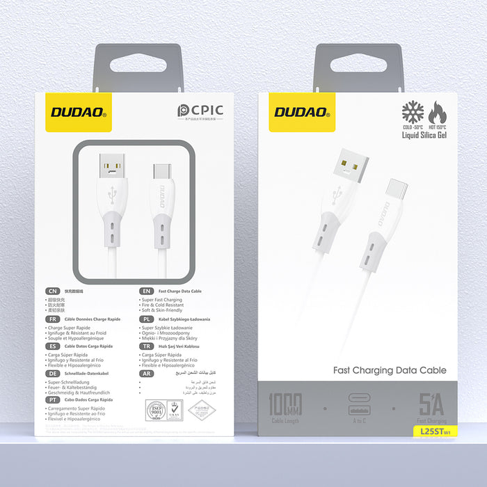 Dudao L25ST 5 A USB-A - USB-C Cable with Soft Silicone Braid 1 m - White