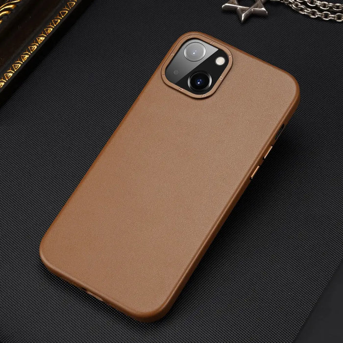 Dux Ducis Grit Leather Case for iPhone 14 Elegant Faux Leather Cover (MagSafe Compatible) Brown - Cell phone cases
