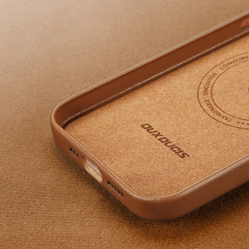 Dux Ducis Grit Leather Case for iPhone 14 Elegant Faux Leather Cover (MagSafe Compatible) Brown - Cell phone cases