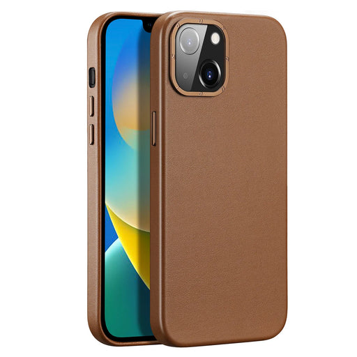 Dux Ducis Grit Leather Case for iPhone 14 Elegant Faux Leather Cover (MagSafe Compatible) Brown - Cell phone cases