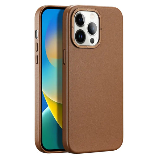 Dux Ducis Grit Leather Case for iPhone 14 Pro Max Elegant Faux Leather Cover (MagSafe Compatible) Brown - Cell phone