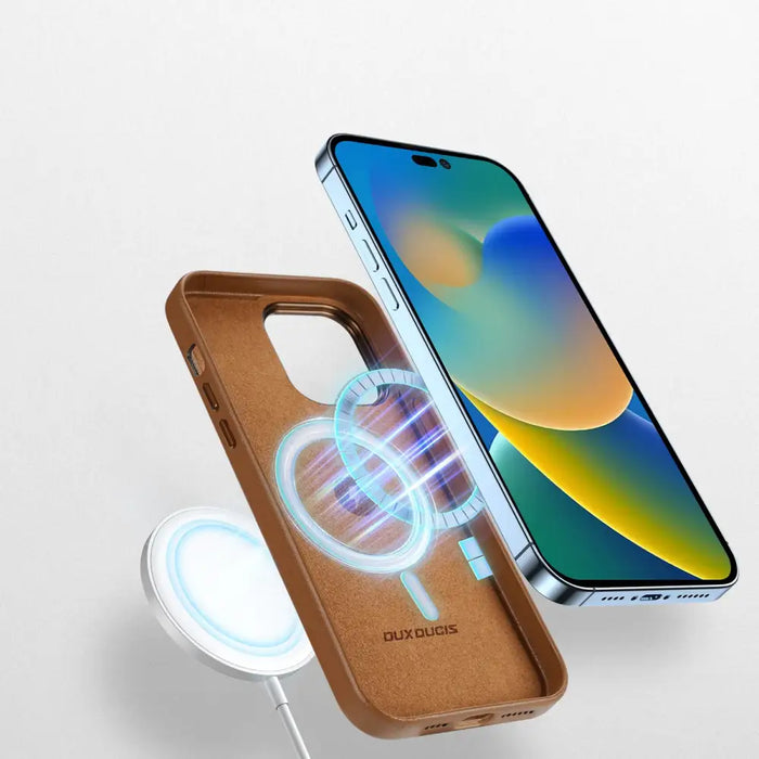 Dux Ducis Grit Leather Case for iPhone 14 Pro Max Elegant Faux Leather Cover (MagSafe Compatible) Brown - Cell phone