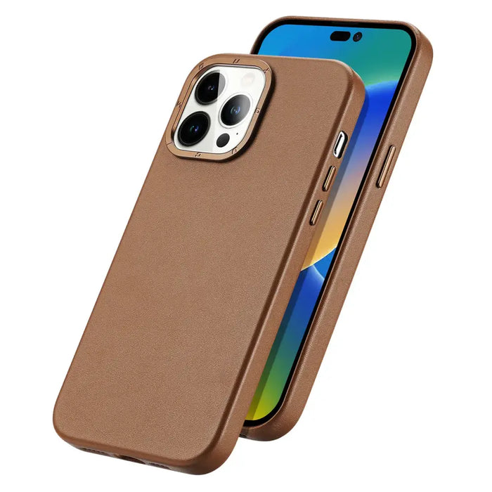 Dux Ducis Grit Leather Case for iPhone 14 Pro Max Elegant Faux Leather Cover (MagSafe Compatible) Brown - Cell phone
