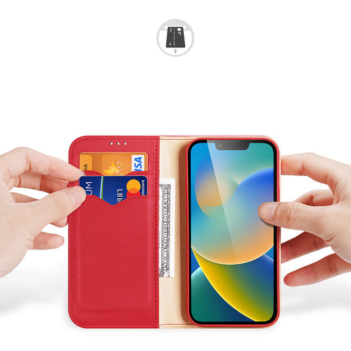 Dux Ducis Hivo Leather Flip Cover Genuine Leather Wallet for Cards and Documents iPhone 14 Plus Red - Cell phone cases
