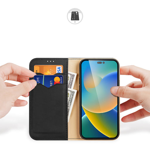 Dux Ducis Hivo Leather Flip Cover Genuine Leather Wallet for Cards and Documents iPhone 14 Pro Max Black - Cell phone