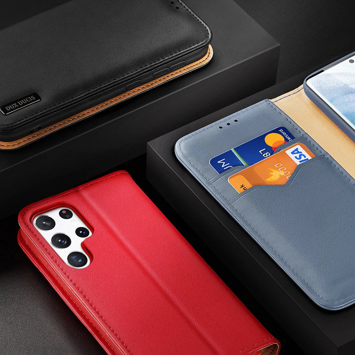 Dux Ducis Hivo Leather Flip Cover Genuine Leather Wallet For Cards And Documents Samsung Galaxy S22 Ultra Blue - Cell