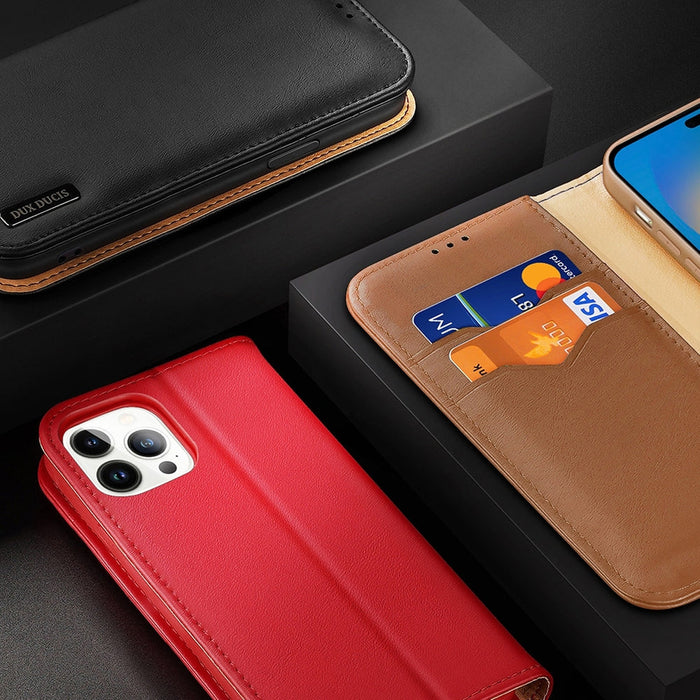 Dux Ducis Hivo Leather Flip Cover Genuine Leather Wallet for Cards and Documents iPhone 14 Pro Max Red - Cell phone