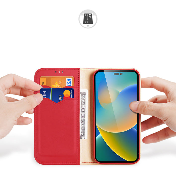Dux Ducis Hivo Leather Flip Cover Genuine Leather Wallet for Cards and Documents iPhone 14 Pro Max Red - Cell phone