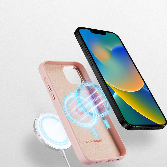 Dux Ducis Grit Leather Case for iPhone 14 Plus Elegant Faux Leather Cover (MagSafe Compatible) Pink