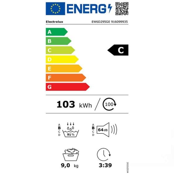 Dryer ELECTROLUX EW6D295GE, 9 kg, C, Heat pump