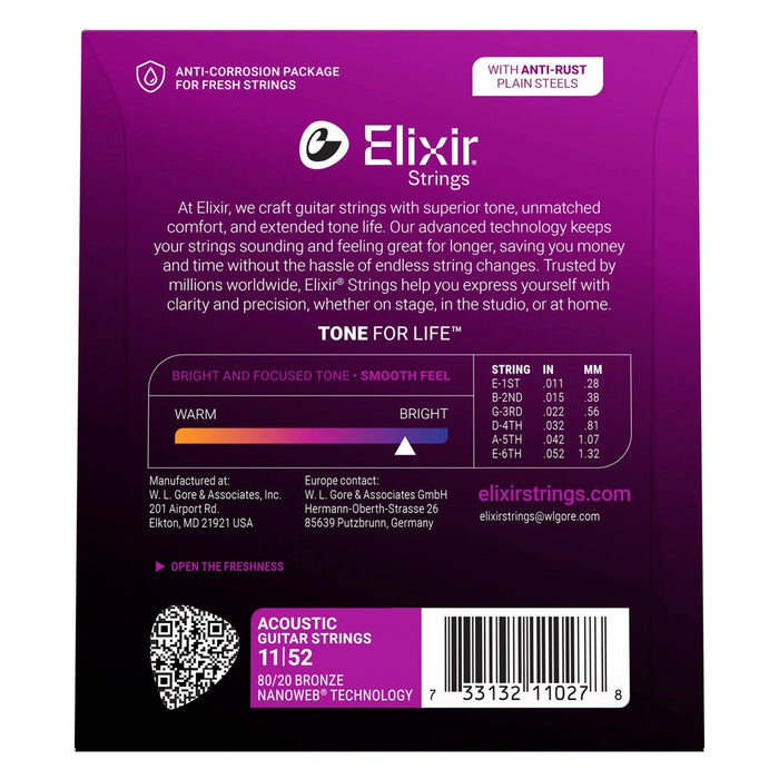 Elixir Strings 11027 Custom Light NW - acoustic guitar strings (11-52)