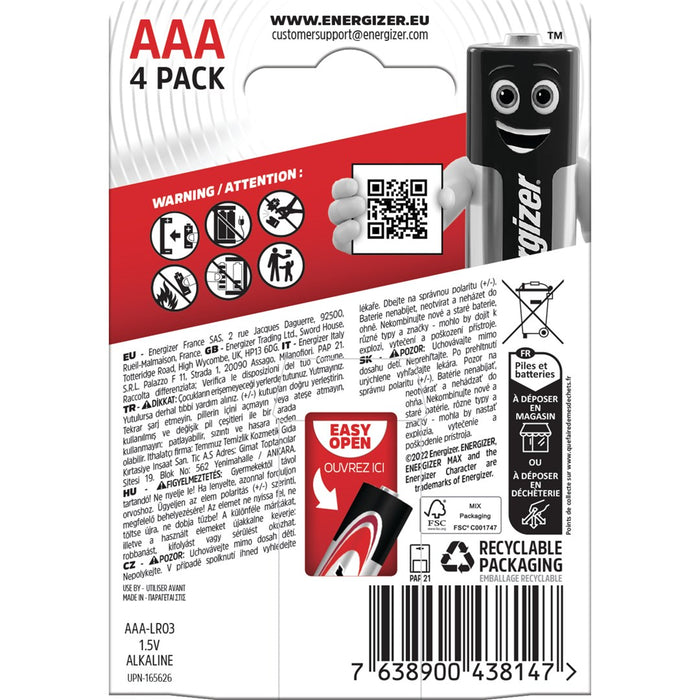 ALKALINE BATTERIES 4 COUNT ENR MAX ALK AAA CHP4 ALKALINE ENERGIZER
