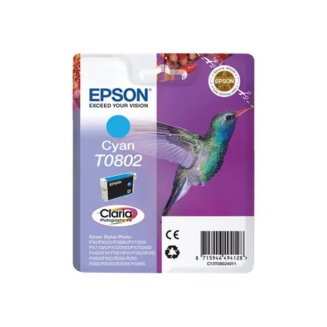 EPSON 1LB T0802 ink cartridge cyan standard capacity 7.4ml 935 pages 1-pack RF-AM blister w/s - Мастила и Мастилени