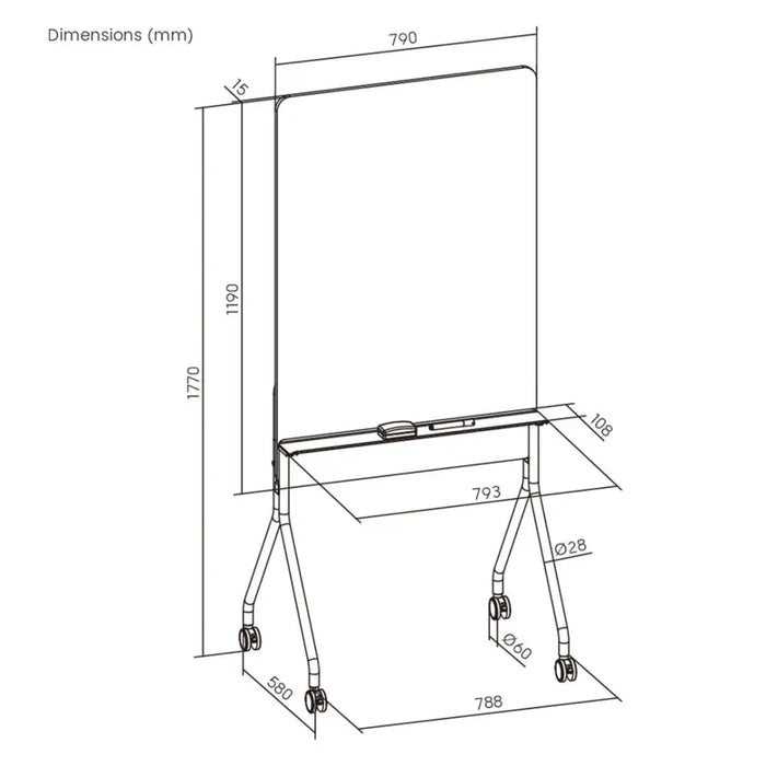 Ergo Office mobile dry erase board vertical orientation white single sided with shelf board dimensions 1190x790mm