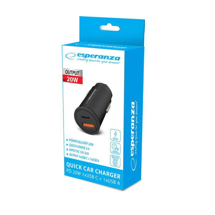 Esperanza Car Charger 20W USB-C PD 20W / USB-A QC