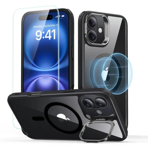ESR Classic Hybrid Kickstand Halolock MagSafe Case Set + Tempered Glass for iPhone 16 - Black - Cell phone cases