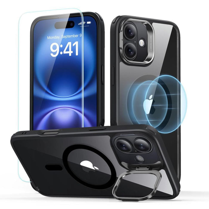 ESR Classic Hybrid Kickstand Halolock MagSafe iPhone 16 Plus + Tempered Glass Screen Protector - Black