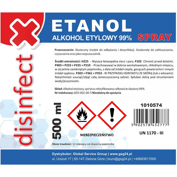 ETHANOL - Ethyl alcohol denatured DISINFECT 99% spray 500ml - *Temporary category<<<HurtelXML