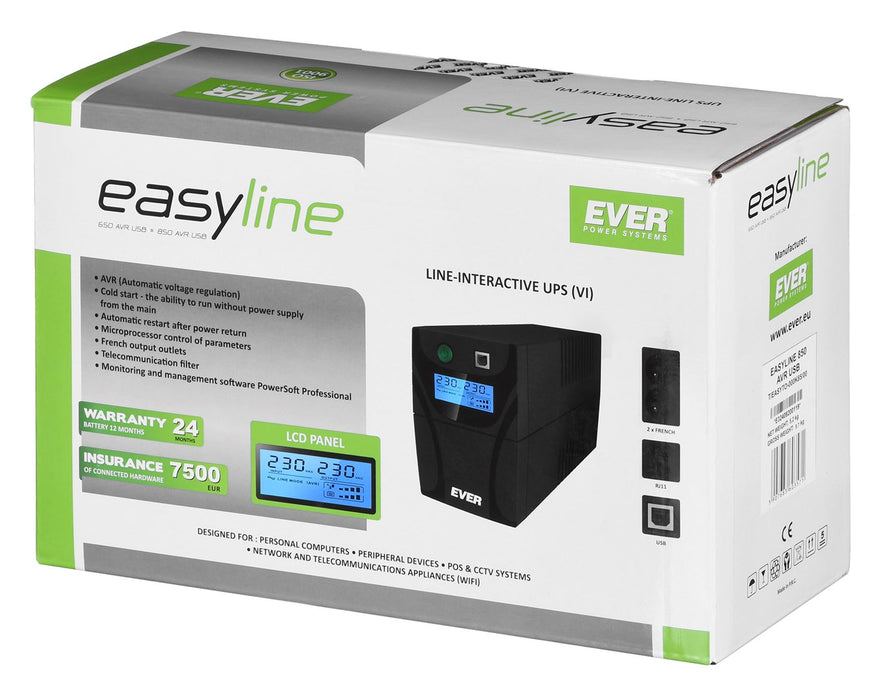 Ever EASYLINE 850 AVR USB Line-Interactive 0.85 kVA 480 W 2 AC outlet(s)