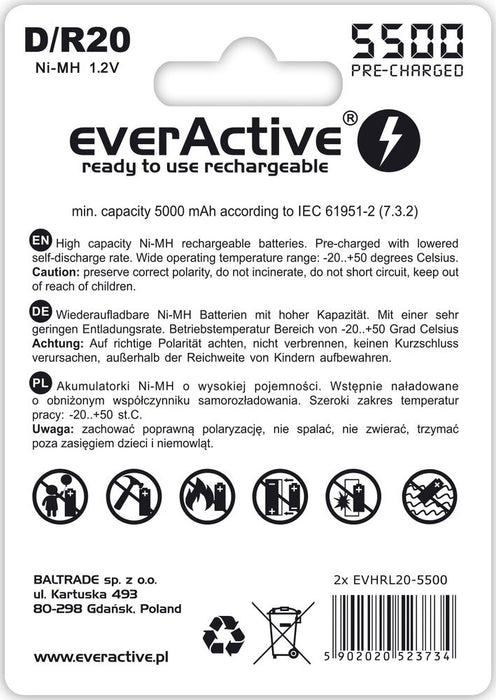 Rechargeable batteries everActive R20/D Ni-MH 5500 mAh ready to use