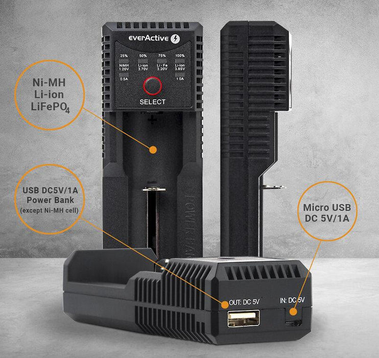 Charger for LiIon/NiMh batteries 3.7v/1.2v universal 1 socket USB micro UC-100 EverActive