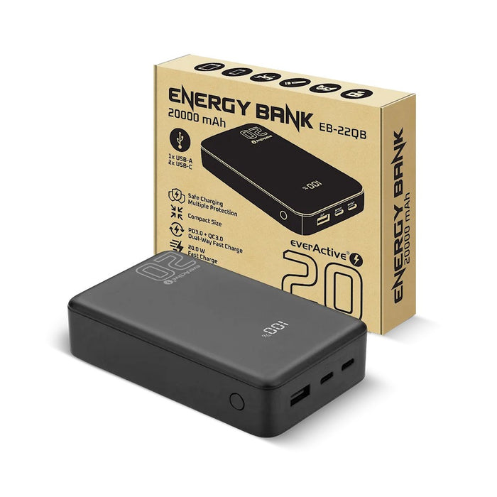 Powerbank 20 000mAh, 1x USB, 2x USB-C, 20W, QC4+, LCD screen, black